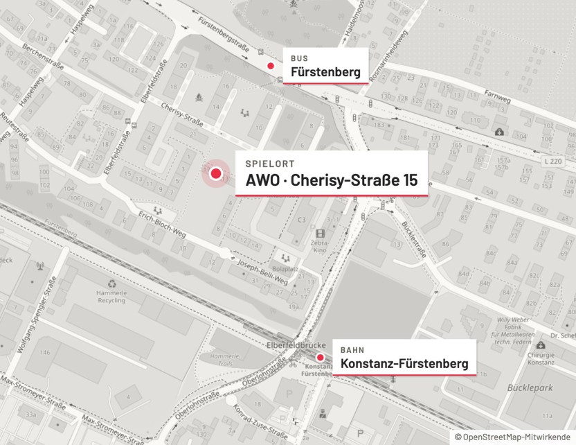 Karte: Spielort AWO, Cherisy-Straße 15, mit Bushaltestelle Fürstenberg und Bahnhof Konstanz-Fürstenberg